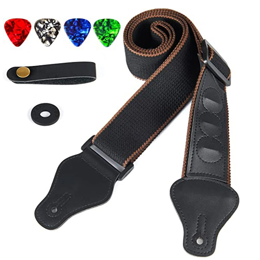 7Pcs/Set Guitar Strap Black PU - Musical Instrument Sounds avaliação e preço