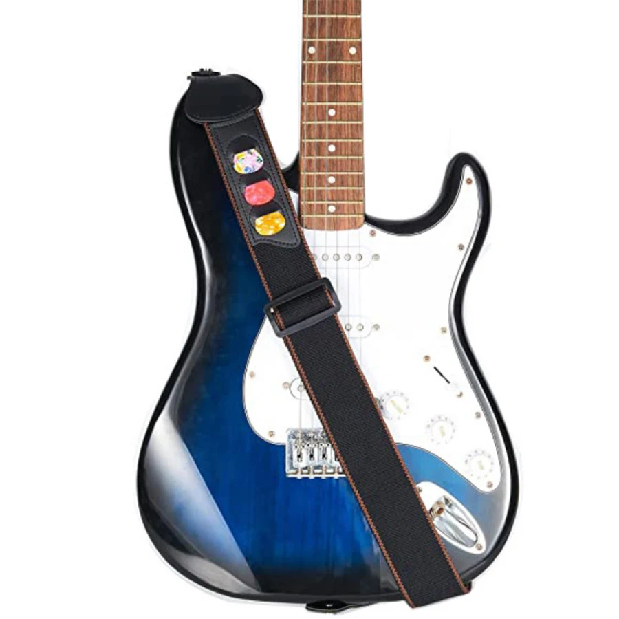 7Pcs/Set Guitar Strap Black PU - Musical Instrument Sounds avaliação e preço